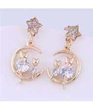 Cute Cats and Moon Design Wholesale Jewelry Women Alloy Golden Earrings