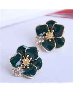 Sweet Style Three-dimensional Petals Wholesale Jewelry Oil-spot Glazed Alloy Earrings - Ink Green