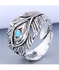 Bold Fashion Wholesale Jewelry Charming Eye with Feathers Modeling Vintage Alloy Ring - Blue