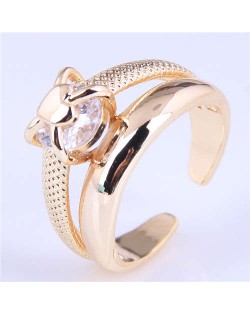 Simple Design Cubic Zirconia with Heart Ring Rest Open-end Wholesale Fashion Copper Ring - Golden