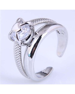 Simple Design Cubic Zirconia with Heart Ring Rest Open-end Wholesale Fashion Copper Ring - Silver