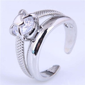 Simple Design Cubic Zirconia with Heart Ring Rest Open-end Wholesale Fashion Copper Ring - Silver