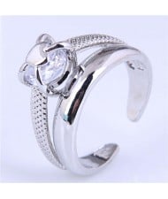 Simple Design Cubic Zirconia with Heart Ring Rest Open-end Wholesale Fashion Copper Ring - Silver