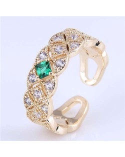 Green Gem Decorate Cubic Zirconia Braid Design Wholesale Fashion Copper Ring - Golden