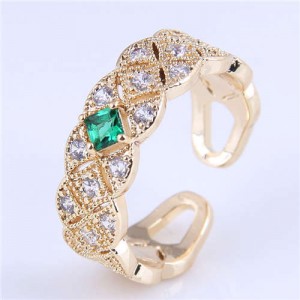Green Gem Decorate Cubic Zirconia Braid Design Wholesale Fashion Copper Ring - Golden