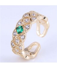 Green Gem Decorate Cubic Zirconia Braid Design Wholesale Fashion Copper Ring - Golden