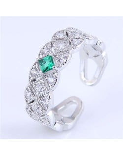 Green Gem Decorate Cubic Zirconia Braid Design Wholesale Fashion Copper Ring - Silver
