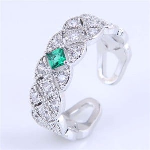 Green Gem Decorate Cubic Zirconia Braid Design Wholesale Fashion Copper Ring - Silver