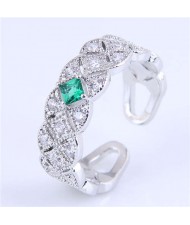 Green Gem Decorate Cubic Zirconia Braid Design Wholesale Fashion Copper Ring - Silver