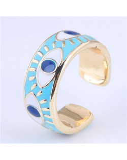 Popular Contrasting Colors Eyes Design Wholesale Jewelry Gold Plated Alloy Ring - Blue