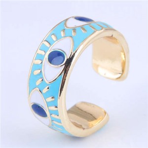 Popular Contrasting Colors Eyes Design Wholesale Jewelry Gold Plated Alloy Ring - Blue