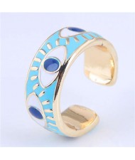 Popular Contrasting Colors Eyes Design Wholesale Jewelry Gold Plated Alloy Ring - Blue