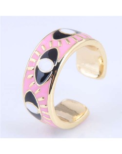 Popular Contrasting Colors Eyes Design Wholesale Jewelry Gold Plated Alloy Ring - Pink