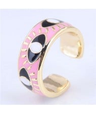 Popular Contrasting Colors Eyes Design Wholesale Jewelry Gold Plated Alloy Ring - Pink
