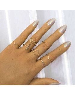 Simple Design Heart Shape and Current Wave 7 pcs Combo Wholesale Jewelry Alloy Rings Set
