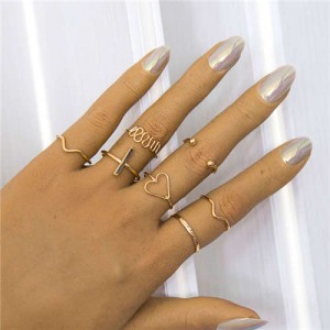 Simple Design Heart Shape and Current Wave 7 pcs Combo Wholesale Jewelry Alloy Rings Set