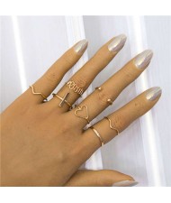 Simple Design Heart Shape and Current Wave 7 pcs Combo Wholesale Jewelry Alloy Rings Set