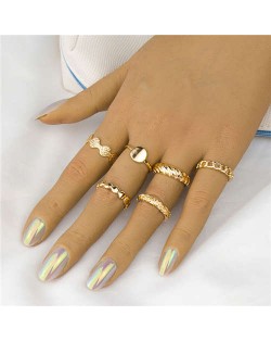 Punk Fashion Chain and Twisted 6pcs Wholesale Jewelry Golden Alloy Rings Set