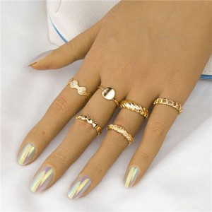 Punk Fashion Chain and Twisted 6pcs Wholesale Jewelry Golden Alloy Rings Set