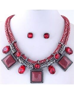 Rhinestone and Stone Gems Square Fashion Dual Layers Design Necklace and Earrings Set - Red