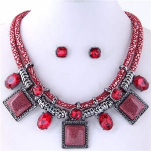 Rhinestone and Stone Gems Square Fashion Dual Layers Design Necklace and Earrings Set - Red