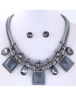 Rhinestone and Stone Gems Square Fashion Dual Layers Design Necklace and Earrings Set - Gray
