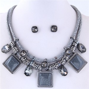 Rhinestone and Stone Gems Square Fashion Dual Layers Design Necklace and Earrings Set - Gray
