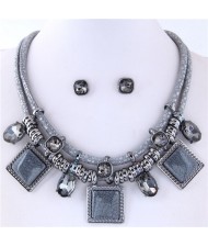 Rhinestone and Stone Gems Square Fashion Dual Layers Design Necklace and Earrings Set - Gray