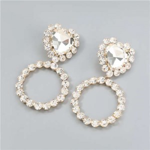 Shining Heart Shape Glass Inlaid U.S Fashion Hip Hop Jewelry Bold Dangle Wholesale Earrings - Golden