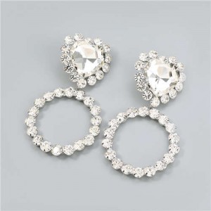 Shining Heart Shape Glass Inlaid U.S Fashion Hip Hop Jewelry Bold Dangle Wholesale Earrings - Silver