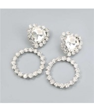 Shining Heart Shape Glass Inlaid U.S Fashion Hip Hop Jewelry Bold Dangle Wholesale Earrings - Silver