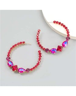 Vintage C-shaped Colorful Rhinestone Inlaid Wholesale Fashion Jewelry Women Hoop Earrings - Red