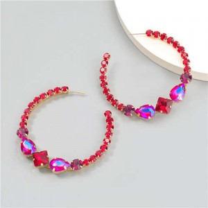 Vintage C-shaped Colorful Rhinestone Inlaid Wholesale Fashion Jewelry Women Hoop Earrings - Red