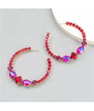 Vintage C-shaped Colorful Rhinestone Inlaid Wholesale Fashion Jewelry Women Hoop Earrings - Red