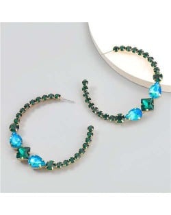 Vintage C-shaped Colorful Rhinestone Inlaid Wholesale Fashion Jewelry Women Hoop Earrings - Green
