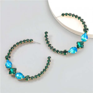 Vintage C-shaped Colorful Rhinestone Inlaid Wholesale Fashion Jewelry Women Hoop Earrings - Green