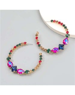 Vintage C-shaped Colorful Rhinestone Inlaid Wholesale Fashion Jewelry Women Hoop Earrings - Multicolor