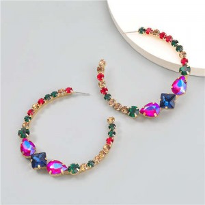 Vintage C-shaped Colorful Rhinestone Inlaid Wholesale Fashion Jewelry Women Hoop Earrings - Multicolor