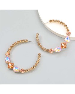 Vintage C-shaped Colorful Rhinestone Inlaid Wholesale Fashion Jewelry Women Hoop Earrings - Golden
