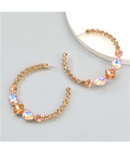 Vintage C-shaped Colorful Rhinestone Inlaid Wholesale Fashion Jewelry Women Hoop Earrings - Golden