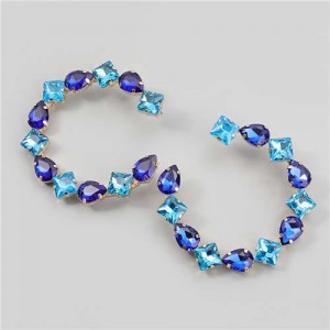 Ethnic Style Rhinestone Embellished Creative C Type Women Wholesale Statement Earrings - Blue
