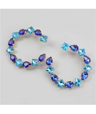 Ethnic Style Rhinestone Embellished Creative C Type Women Wholesale Statement Earrings - Blue