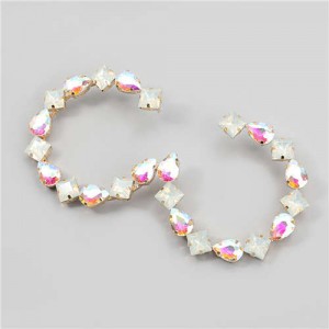 Ethnic Style Rhinestone Embellished Creative C Type Women Wholesale Statement Earrings - Luminous White