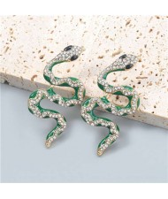 Vintage Style Animal Jewelry Wholesale Snake Shape Design Rhinestone Inlaid Women Alloy Oil-spot Glazed Earrings - Green