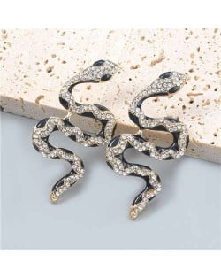 Vintage Style Animal Jewelry Wholesale Snake Shape Design Rhinestone Inlaid Women Alloy Oil-spot Glazed Earrings - Black