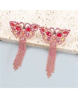 Gorgeous Colorful Rhinestone Butterfly Tassel Design Animal Jewelry Wholesale Dangle Earrings - Red