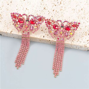 Gorgeous Colorful Rhinestone Butterfly Tassel Design Animal Jewelry Wholesale Dangle Earrings - Red