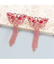 Gorgeous Colorful Rhinestone Butterfly Tassel Design Animal Jewelry Wholesale Dangle Earrings - Red
