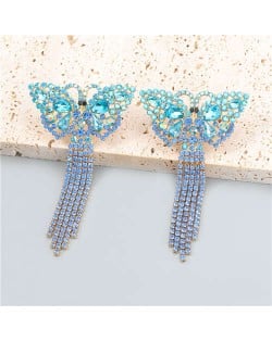Gorgeous Colorful Rhinestone Butterfly Tassel Design Animal Jewelry Wholesale Dangle Earrings - Blue
