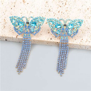 Gorgeous Colorful Rhinestone Butterfly Tassel Design Animal Jewelry Wholesale Dangle Earrings - Blue